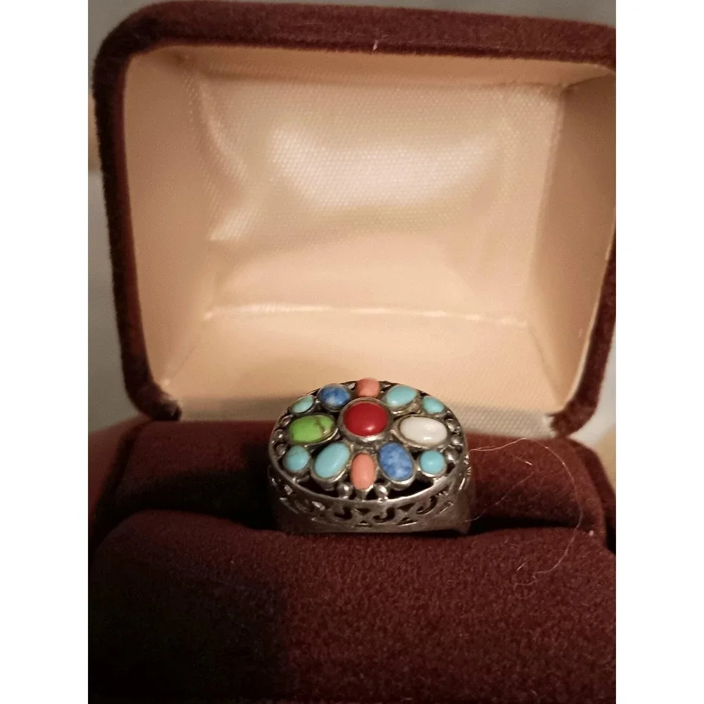 Turquoise, Red Coral Multi Stone Ring Turquoise, Red Coral Size 6/ 925 Sterlin